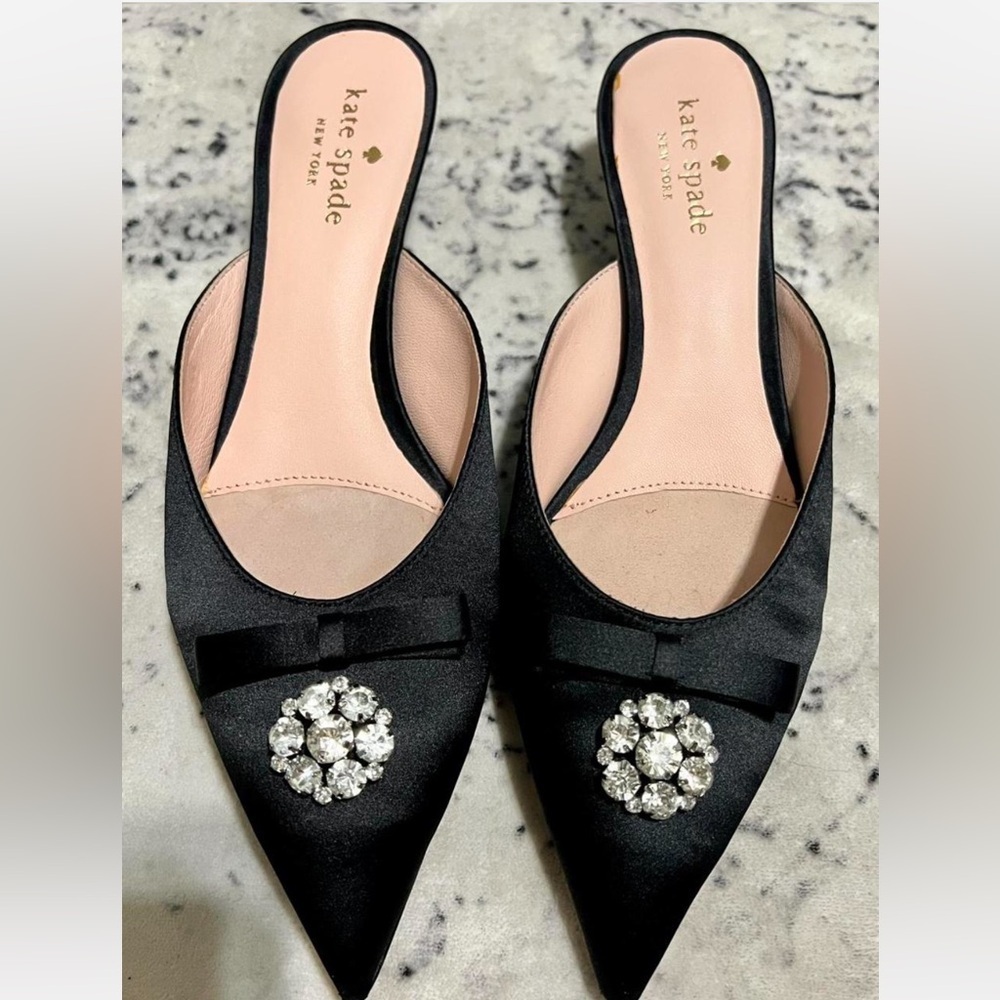 Kate Spade Darlene Black Satin Jewelled Bow Kitten Heel Slide Mules 8.0 -Defaced - Picture 2 of 6